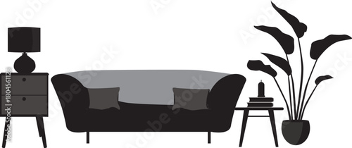 Silhouette of a Living Room Scene with Sofa and Plant