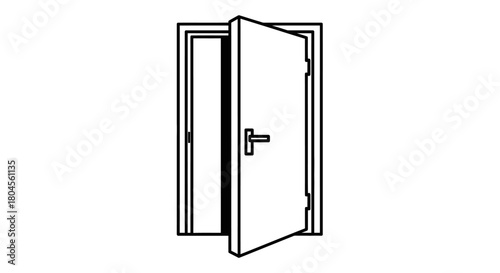 Black and white illustration of an open door with a handle and frame, indoors.