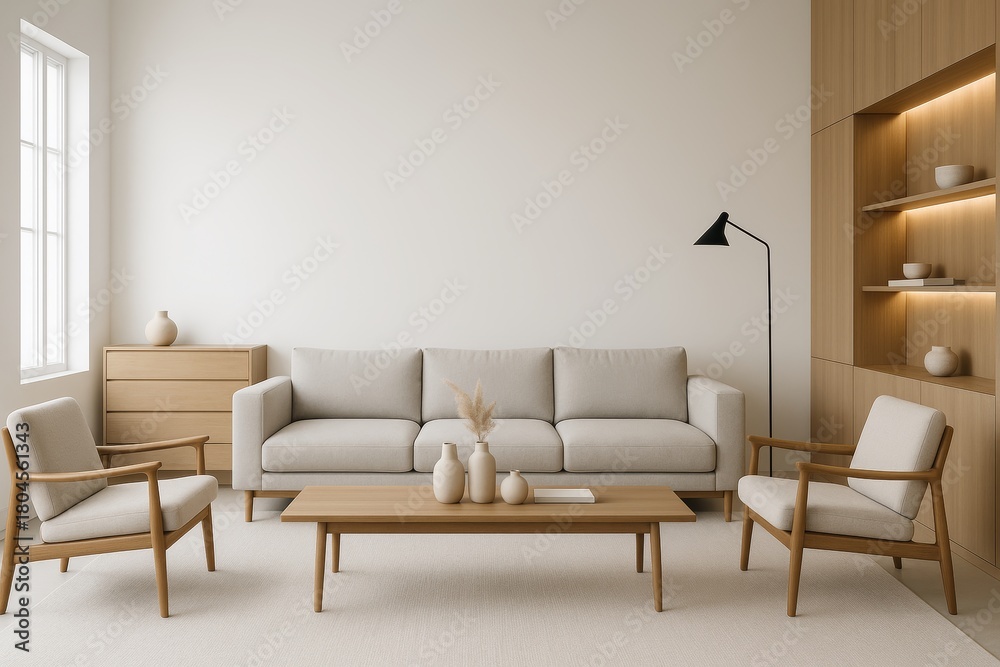 Fototapeta premium Minimalist living room interior design with wooden furniture and neutral beige color palette, modern concept layout with cozy and elegant ambiance. Ai generative