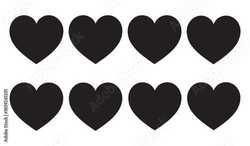  Eight solid black heart shapes arranged in two rows on a white background