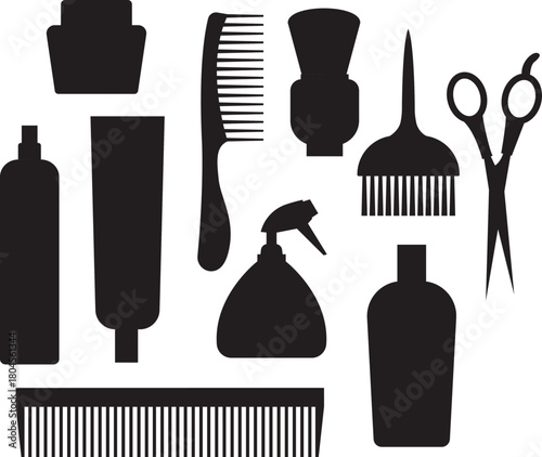 Black Silhouettes of Hairdressing Tools and Products