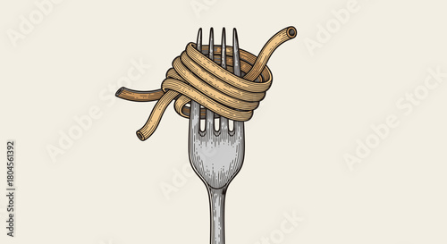Illustration of spaghetti noodles wrapped around the tines of a fork, against a beige background.