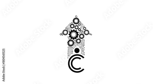 An upward arrow formed by interconnected gears, cogs, and circuit patterns, with a stylized 'C' at its base, symbolizing technological progress and innovation.
