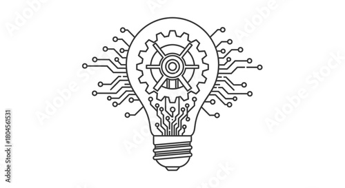 An illustration of a lightbulb with gears and circuit board elements, representing innovation and technology.