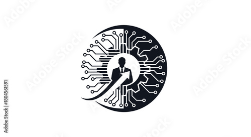 A stylized circular logo depicting a businessman silhouette within a circuit board pattern, symbolizing technology and business growth.