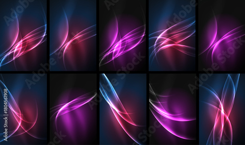 Abstract glowing lines form vibrant patterns. Dark background emphasizes bright curves, creating dynamic visual experience.