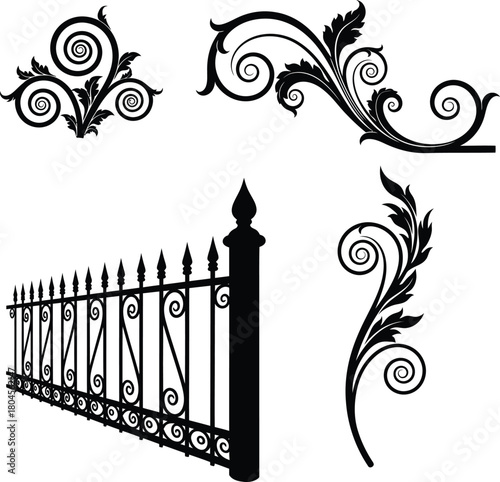Vector art wrought iron fence with floral swirls design elements black eps silhouette