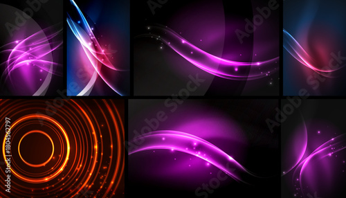 Bright neon lines, curves, circles create abstract backgrounds. Vivid colors dominate dark space. Modern design elements present.