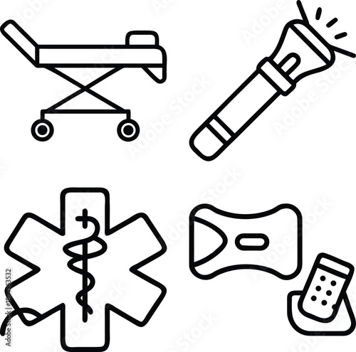 WebColorful Patient Transport, Stretcher Trolley, Emergency Medical Services, and Hospital Equipment Vector Icons Set