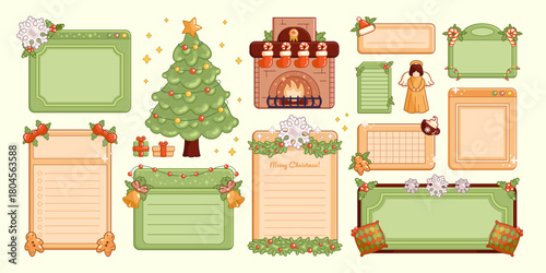Christmas holiday backgrounds, cute illustrations and cards with symbols of the celebration, pine tree, computer windows and papers with reminders and places for greetings. Stickers, vector design.
