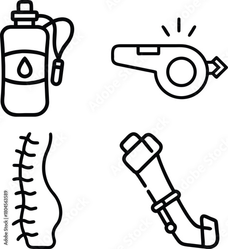 WebEmergency Survival Kit, Disaster Preparedness, Hydration, Water Bottle, and Essential Rescue Supplies Vector Line Icons Set