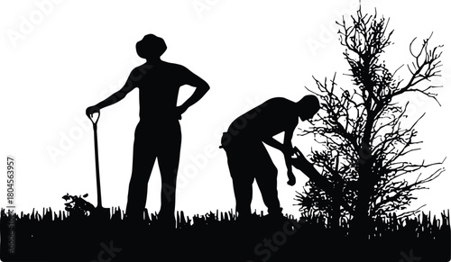 Gardening workers silhouette illustration, two people planting and digging soil, outdoor landscaping scene with tools, nature garden maintenance artwork