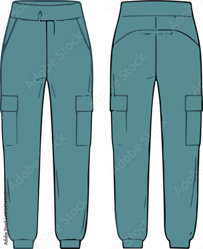 Cargo jogger pants front and back technical drawing, fashion flat sketch illustration, apparel design template for clothing designers and garment manufacturers