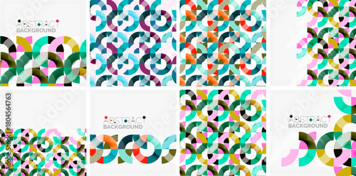 Colorful geometric patterns repeat. Circles, arcs create vibrant backgrounds. Modern design elements present playful visuals.