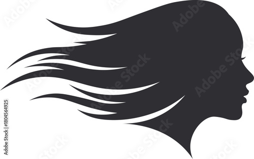 Dark silhouette profile of a woman with flowing hair on white background face