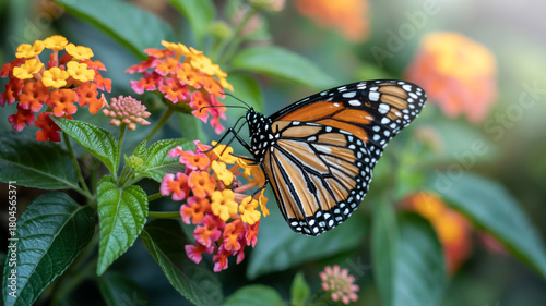 Monarch butterfly perching on colorful lantana flowers in garden