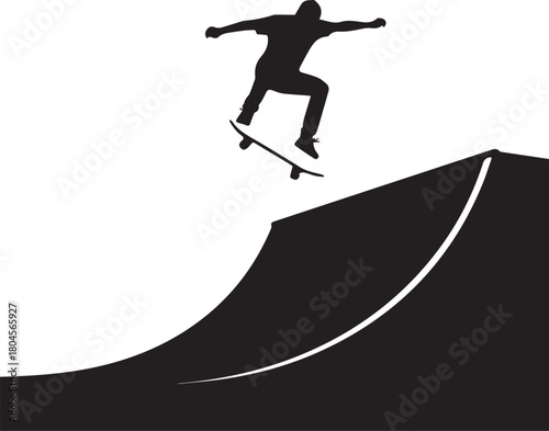 Skateboarder silhouette performing trick on ramp outdoor extreme sports action