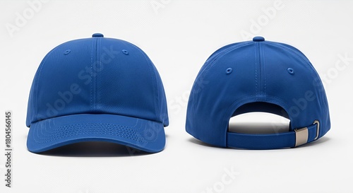 Blue baseball cap front and back view isolated on a light gray background.