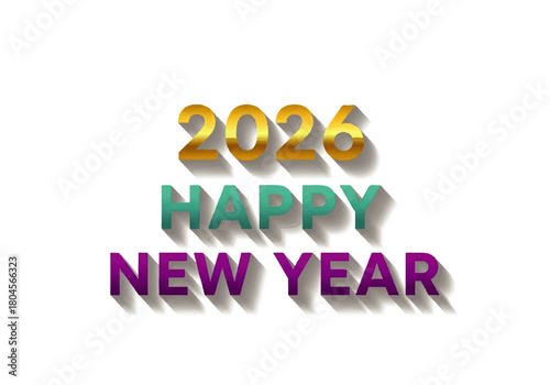 A digital rendering of "Happy New Year 2026" in gold, teal, and purple with a drop shadow effect, set against a clean white background.