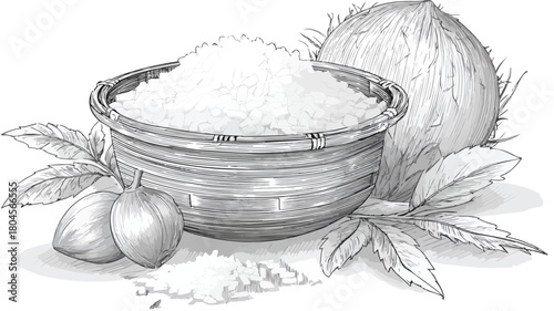 Basket of Rice with Drawing of Coconut and Leaves Vector Illustration