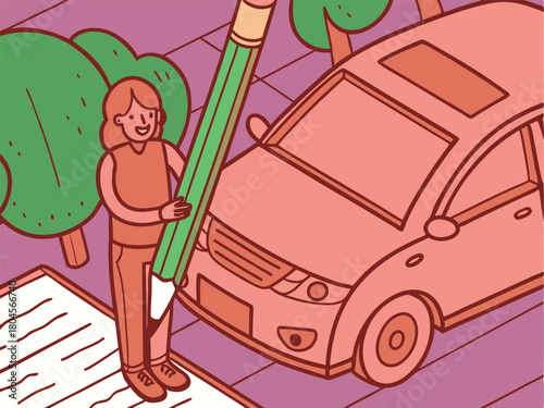 Cartoon woman holding giant pencil next to car and trees on white background girl