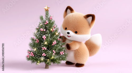 Cute cartoon fox character decorating a small Christmas tree with pink ornaments and a star on top, creating a joyful holiday atmosphere in a whimsical setting