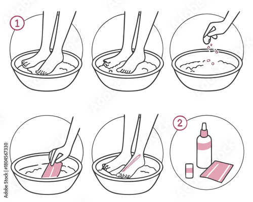 Foot soak and pumice stone foot care steps illustration with pink accents pedicure