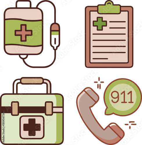 WebEmergency Medical Equipment, IV Fluid, Patient Care, Hospital Services, and Critical Care Vector Line Icons Set