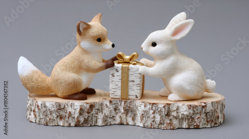 Adorable fox and rabbit figurines exchanging a gift on a wooden base, showcasing friendship and joy in a charming and whimsical scene of celebration and connection