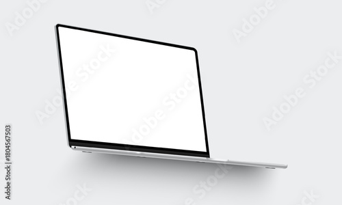 Laptop in side perspective with blank screen, soft shadow, clean modern mockup for showcasing website design or digital content