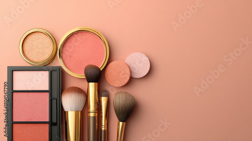 Chic cosmetic collection featuring blush palettes, brushes, and powders arranged elegantly on soft peach background, perfect for beauty enthusiasts and makeup lovers