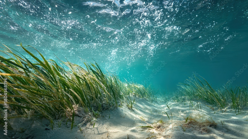 Fototapeta premium Calm blue ocean scene featuring graceful seagrass above a sandy seabed