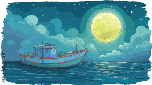 Serene Cartoon Drawing of a Boat with Full Moon in Background