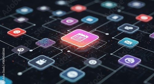 Conceptual visualization of project management and workflow automation with a central calendar connected to a network of business application icons