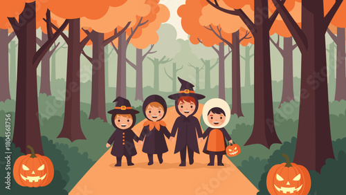 Happy children in Halloween costumes walking in an autumn forest with jack-o'-lanterns