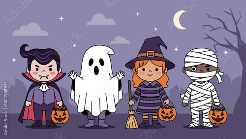 Happy Halloween Kids in Costumes Trick-or-Treating. Cute Vector Illustration of Vampire, Ghost, Witch, Mummy with Pumpkin Buckets.