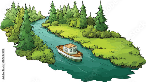 Whimsical Cartoon Illustration of Boat Floating on River with Trees