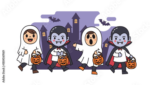 Happy cartoon kids in ghost and vampire costumes trick-or-treating for Halloween night illustration