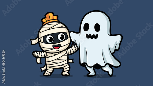 Adorable Halloween Cartoon: Mummy and Ghost Friends