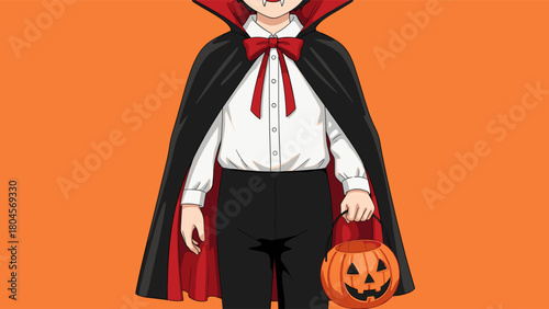 Child in Vampire Halloween Costume Holding Pumpkin Trick-or-Treat Basket
