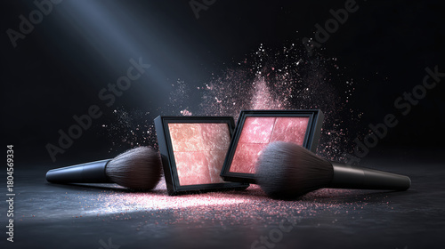 Cosmetic collection featuring blush palettes and makeup brushes, showcasing vibrant colors and textures. scene captures essence of beauty and artistry in makeup application
