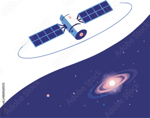 Satellite orbits a galaxy, exploring the cosmos with advanced technology, connecting our world through space communication and futuristic exploration missions
