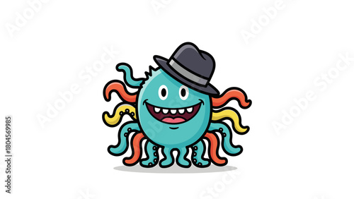 Cute smiling cartoon octopus character wearing a fedora hat, isolated illustration