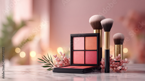 Realistic cosmetic collection featuring blush palette, makeup brushes, and decorative elements. soft colors and elegant arrangement evoke sense of beauty and sophistication