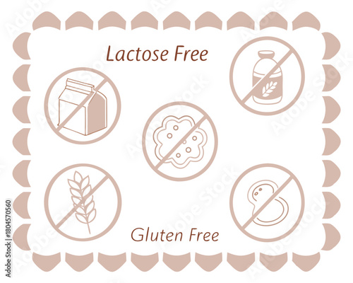Lactose Free and Gluten Free Icons with Milk Carton Wheat Cookie and Bread Symbols vector