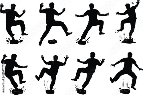 Silhouette motion sequence, human interaction, dynamic poses, splash effect, jumping action, physical movement, animation reference, black figure study, balance