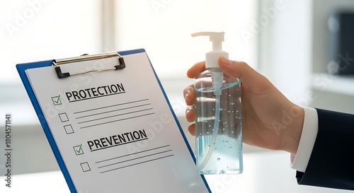 A business person holds a clipboard with a completed checklist for protection and prevention, alongside a bottle of antiseptic hand gel