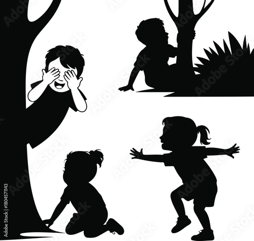 Children playing hide and seek silhouette kids hiding behind tree search game outdoor activity vector illustration with transparent background