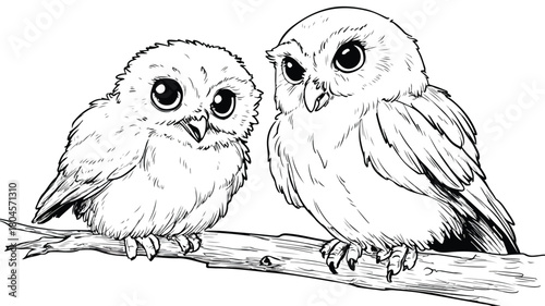 Cute Baby Owl and Bird Vector Drawing with Outline for Design Projects