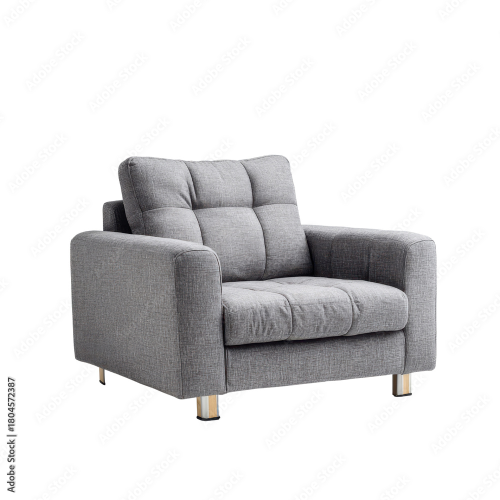 Fototapeta premium Gray Fabric Armchair with Tufted Cushions and Silver Legs on Black Background sofa furniture, Png Transparent, Isolated on White
